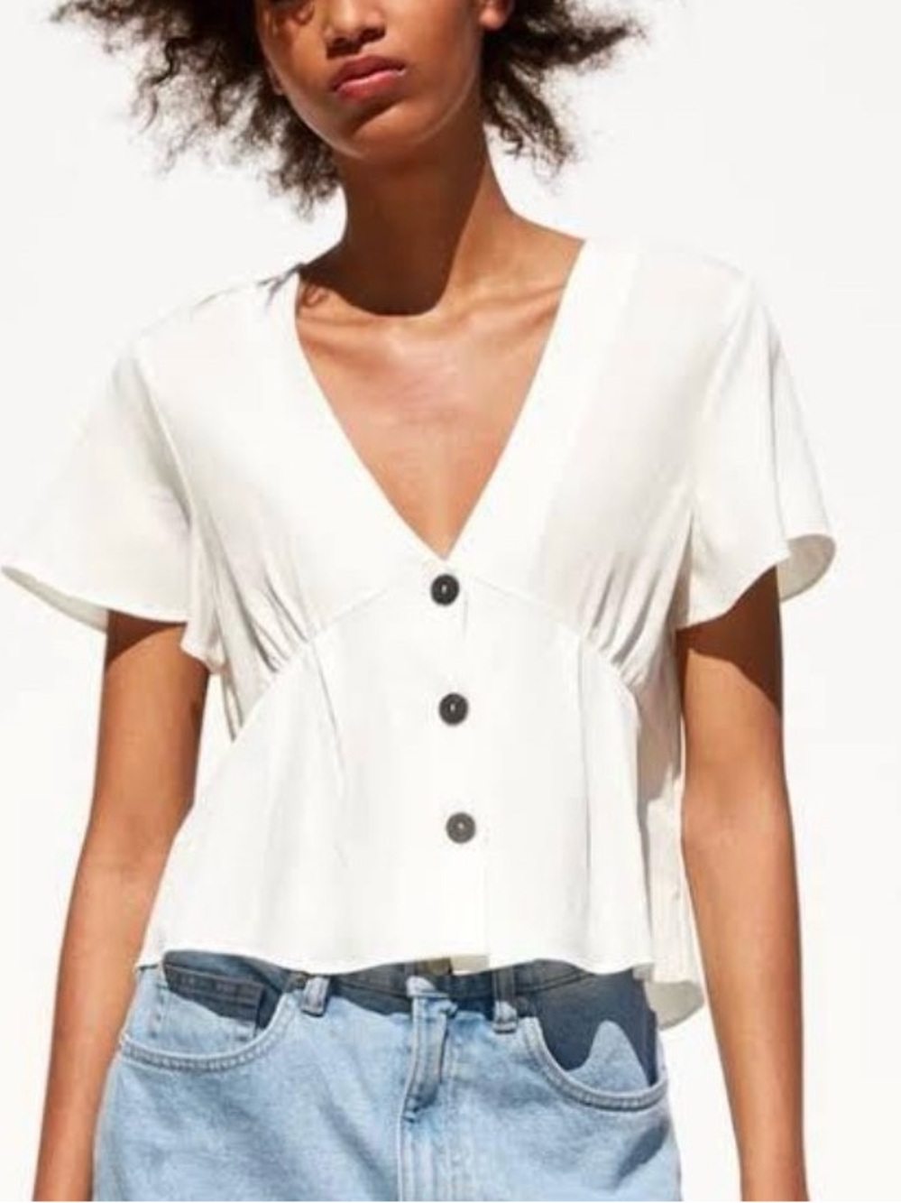 Zara White V-Neck Button Peplum Blouse
